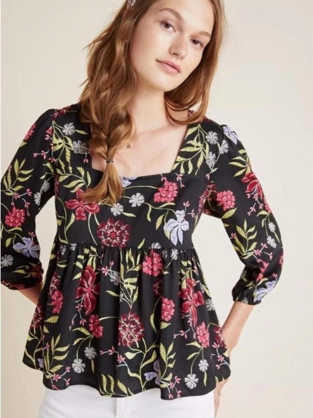 Anthropologie Dolan Left Coast "Cherie" Floral Babydoll Top 3/4 sleeves XS